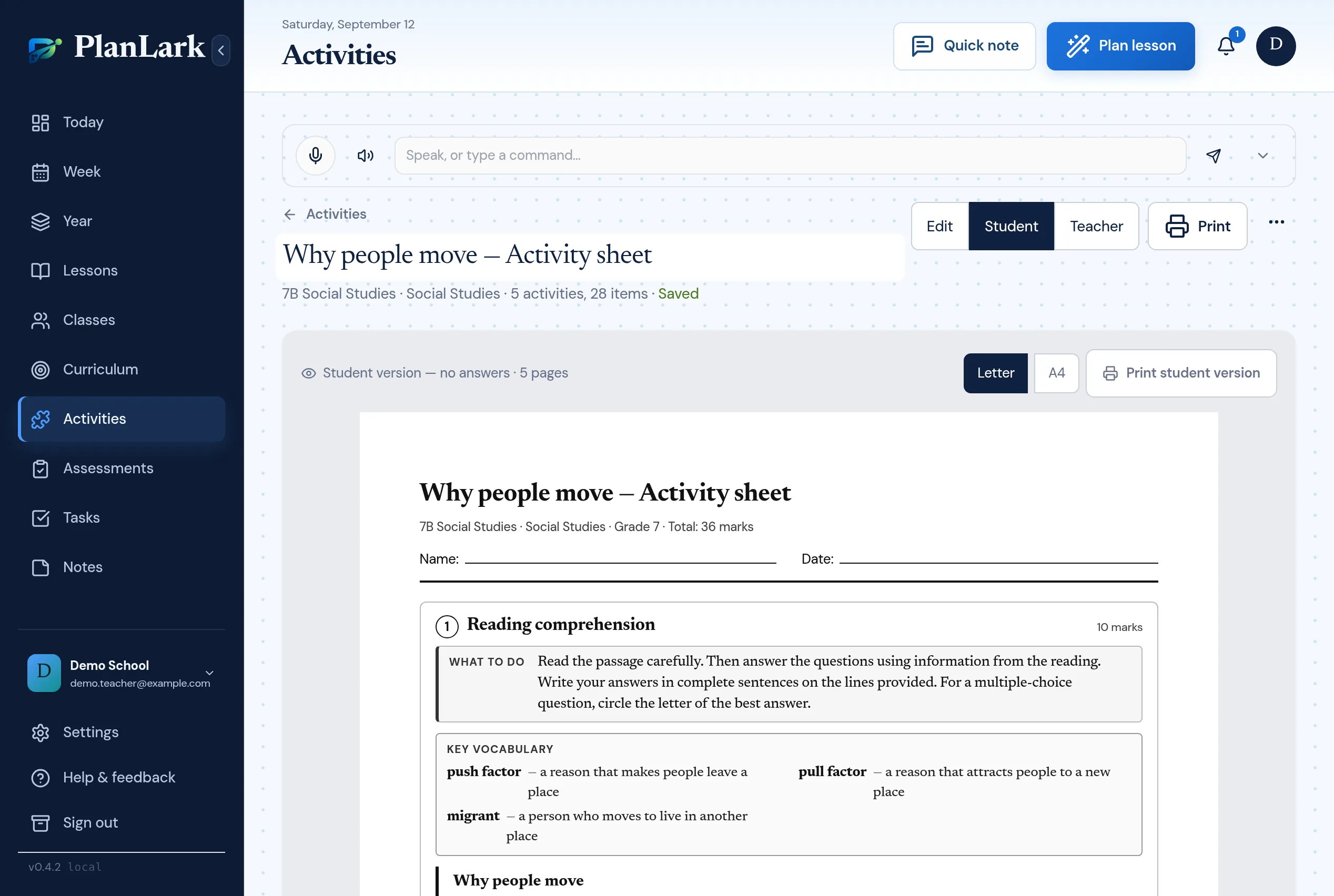 The Classroom Radar Activity Builder showing a Student preview of a worksheet as real pages, with a Reading comprehension activity, its What-to-do panel and a key vocabulary box