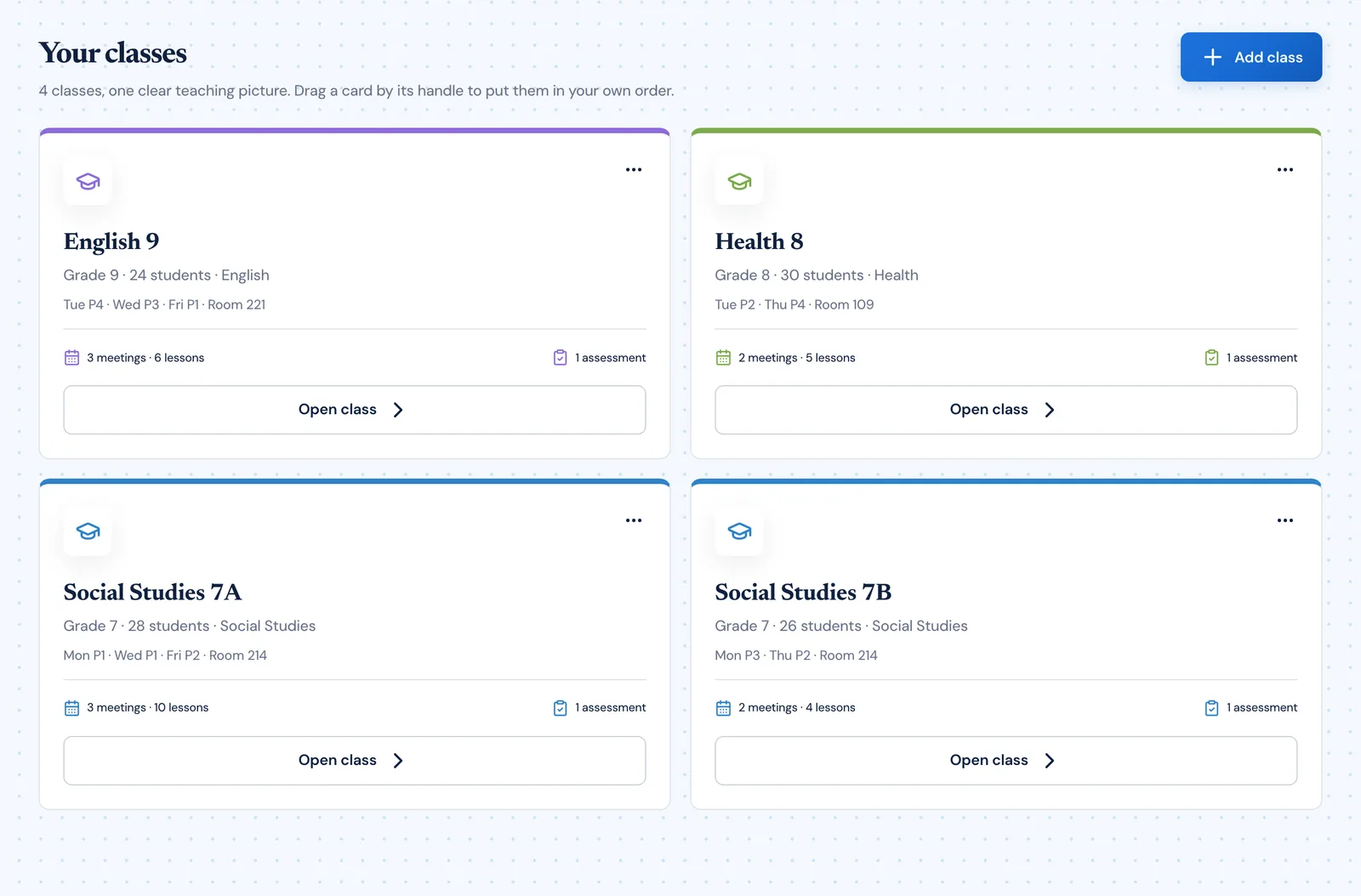 The Classroom Radar classes view showing four classes with their subjects, grades, meeting times and rooms