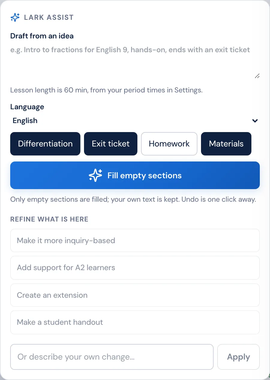 The Radar assist panel inside the Classroom Radar lesson editor, with a box to draft a lesson from an idea, language and inclusion options, a Fill empty sections button, and preset refinements
