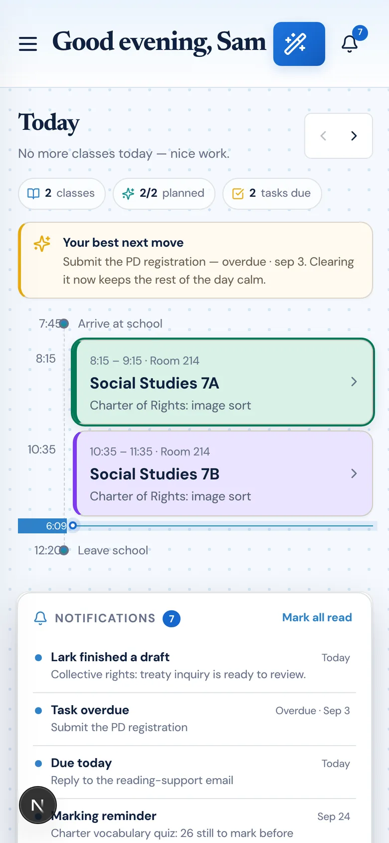 Classroom Radar on a phone showing the Today view with the teaching day and the classes on it