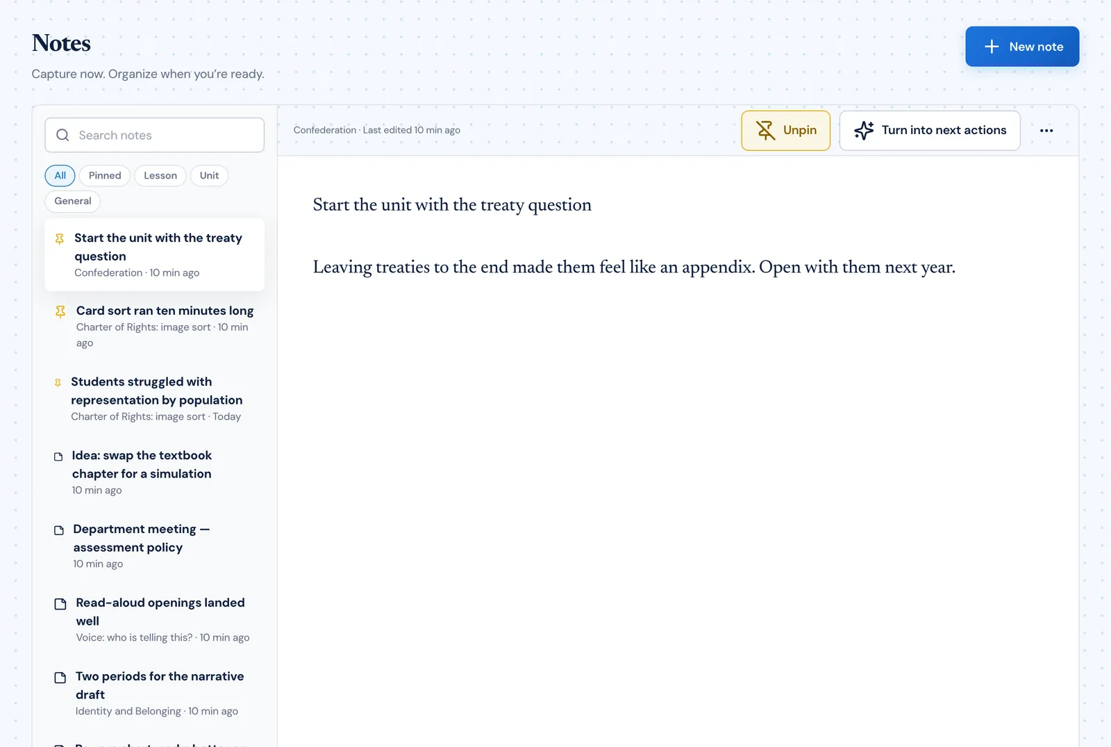 The Classroom Radar Notes view with filters for pinned, lesson, unit and general notes, and one note open for editing