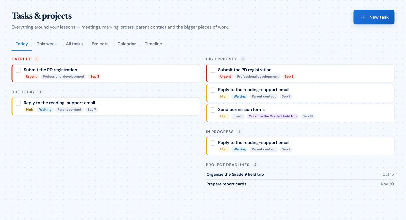 The Classroom Radar task manager listing teacher tasks with priorities, due dates and categories