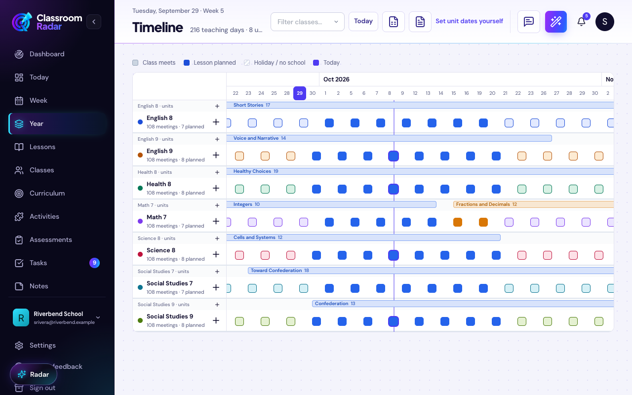 Unit planner for mapping outcomes to lessons