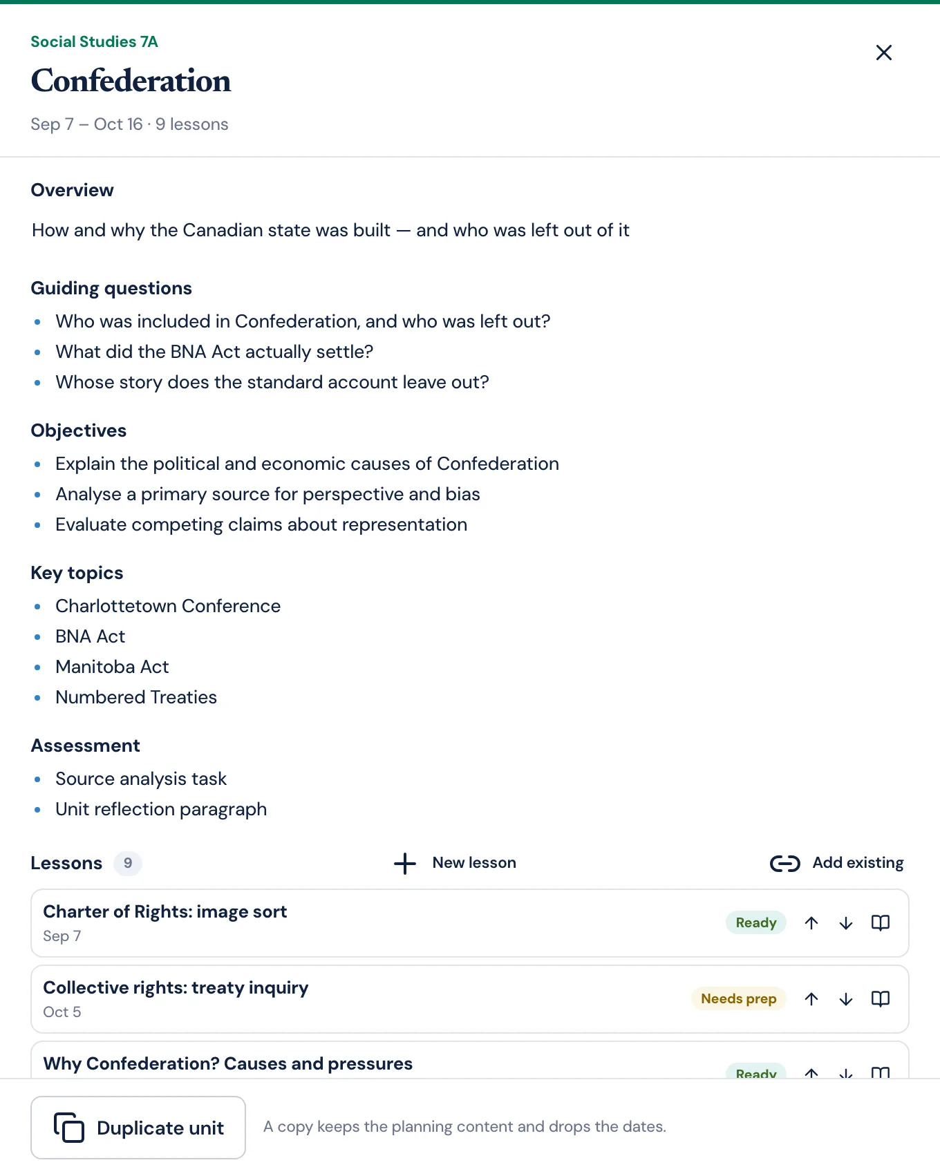 The Classroom Radar unit workspace for a Confederation unit, showing its overview, guiding questions, objectives, key topics, assessment and its ordered list of lessons with preparation badges