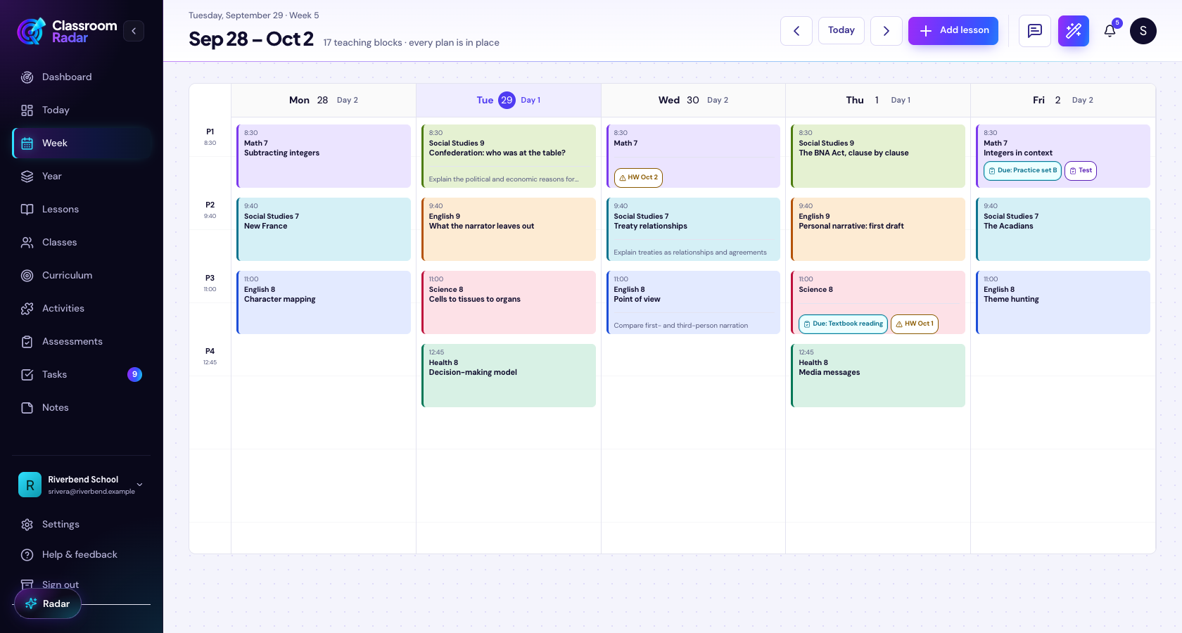 Week planner view for mapping time to the real schedule
